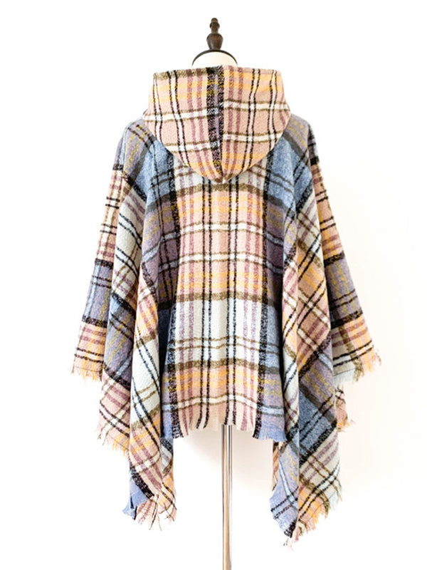 Fringed Hooded Keep Warm Plaid Shawl&Cloak Cape
