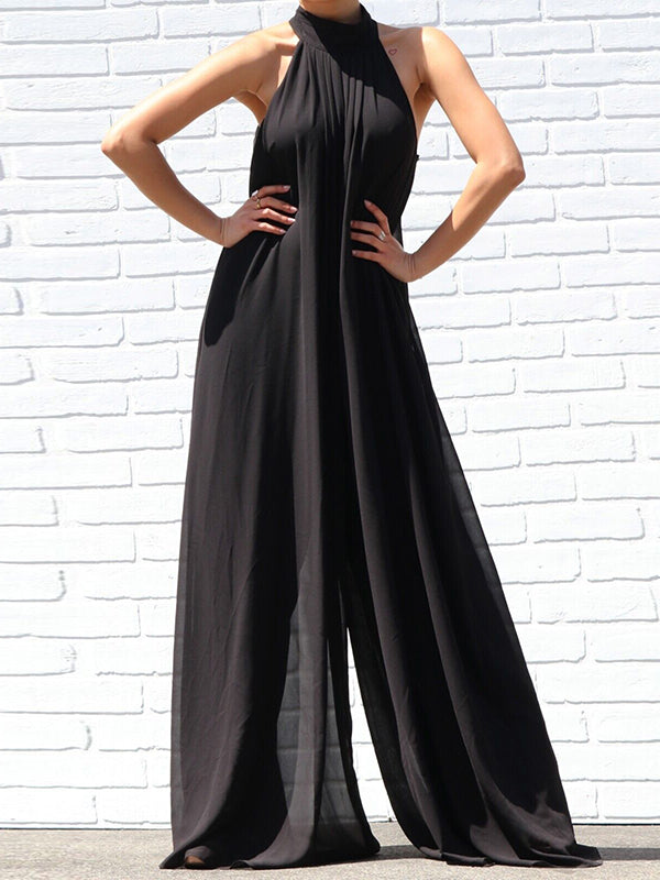 Sleeveless Wide Leg Solid Color High-Neck Jumpsuits