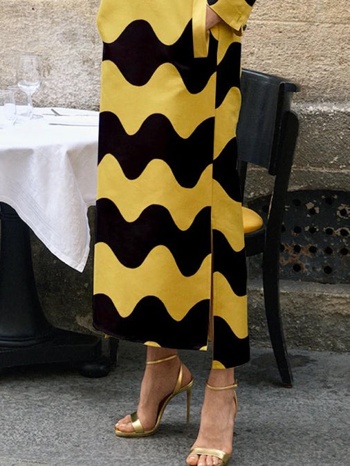 Contrast Color Split-Side Striped Long Sleeves Loose Stand Collar Midi Dresses