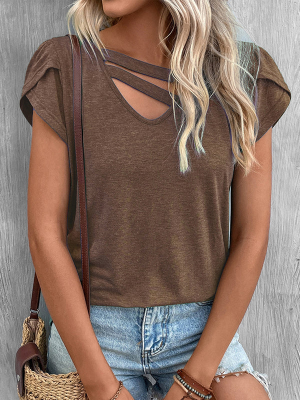 Solid Color Loose Short Sleeves V-neck T-Shirts Tops