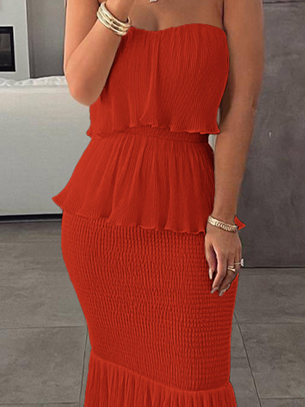 Elasticity Pleated Split-Joint Bodycon Sleeveless Tube Maxi Dresses