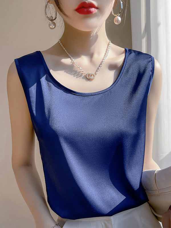 Solid Color Loose Sleeveless Round-Neck Vest Top
