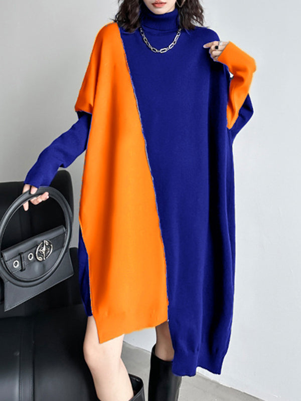 Asymmetric Contrast Color Split-Joint Batwing Sleeves Hipster High-neck Sweater Dresses Midi Dresses