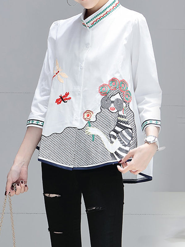 Embroidered Figure Loose Plus Size Stand Collar Blouses&shirts Tops
