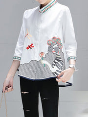 Embroidered Figure Loose Plus Size Stand Collar Blouses&shirts Tops