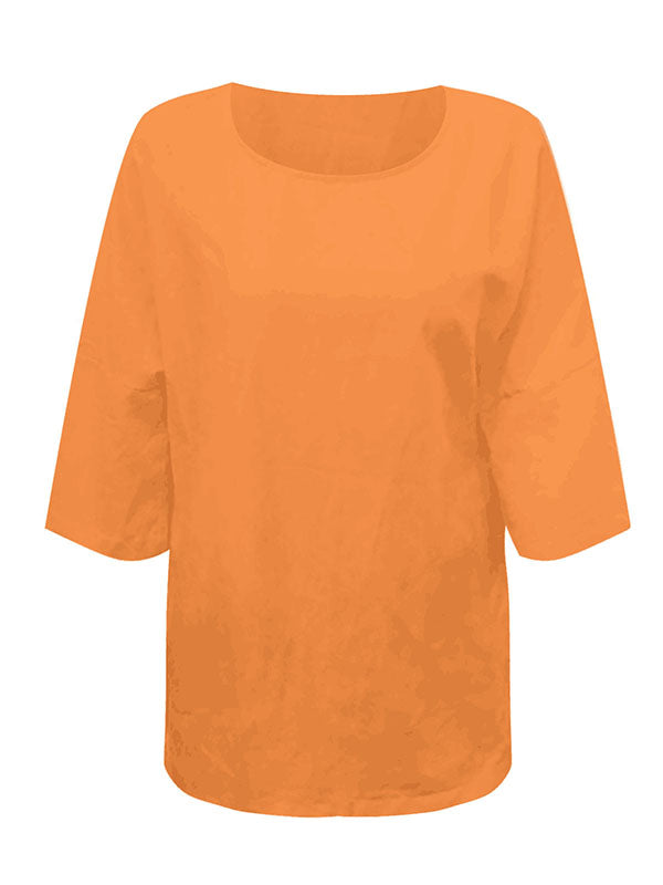 Solid Color Split-Joint Split-Side Linen Three-Quarter Sleeves Round-Neck T-Shirts Tops