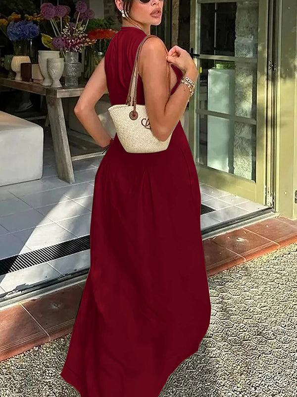 Pleated Pockets Split-Joint Zipper A-Line Loose Round-Neck Maxi Dresses