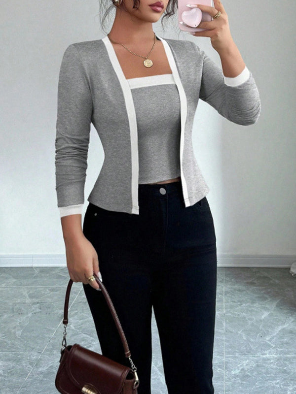 Solid Color Split-Joint Long Sleeves Collarless Two Pieces Set