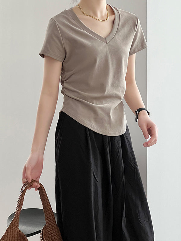 Solid Color Irregular clipping Short Sleeves V-neck T-Shirts Tops