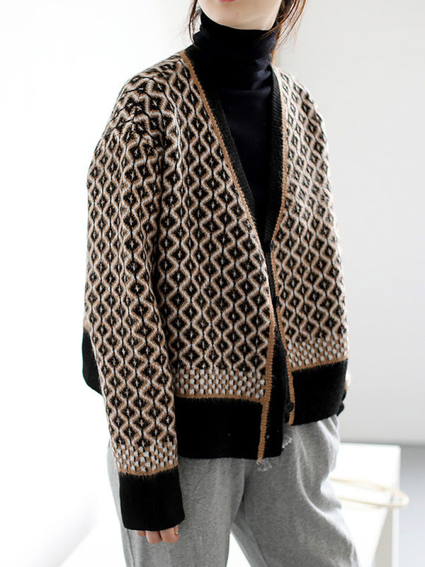 Vintage Loose Rhombic V-Neck Cardigan