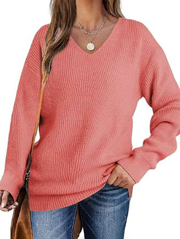 Solid Color Long Sleeves Loose V-Neck Sweater Tops Pullovers