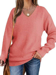 Solid Color Long Sleeves Loose V-Neck Sweater Tops Pullovers