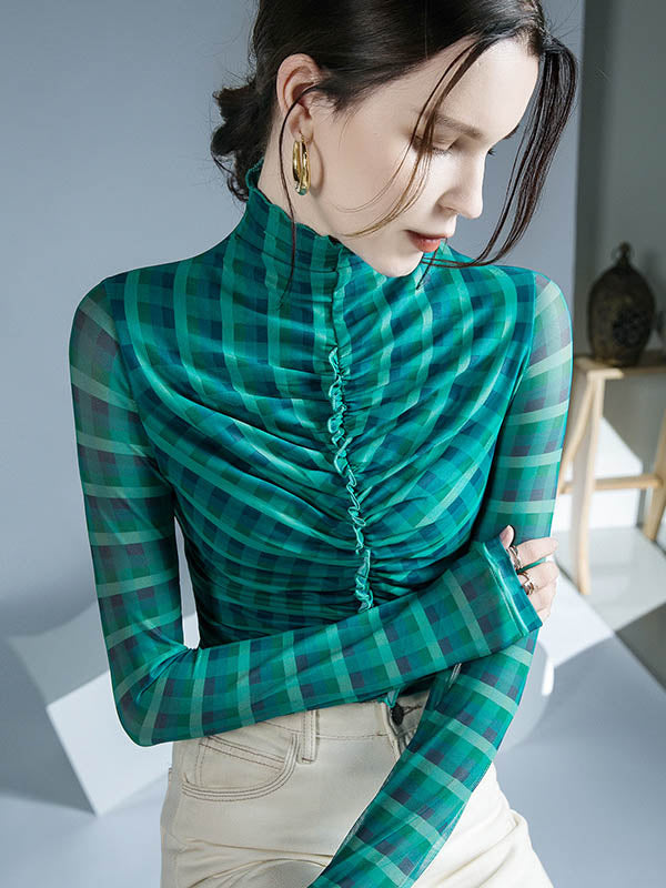 Contrast Color Plaid Pleated Split-Joint Long Sleeves Skinny High-Neck Blouses&Shirts Tops