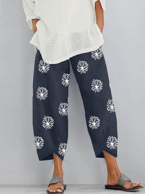 Flower Print Pockets Split-Joint Loose Trousers Pants