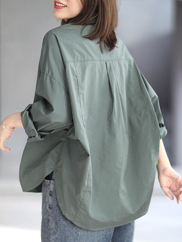 Solid Color High-low Long Sleeves Lapel Blouses&shirts Tops