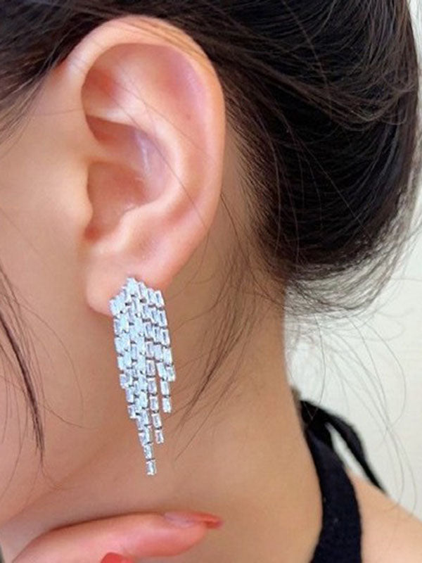 Rhine Stones Solid Color Tasseled Drop Earrings
