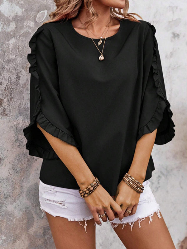 Ruffle Trim Solid Color Loose Three-Quarter Sleeves Round-Neck T-Shirts Tops