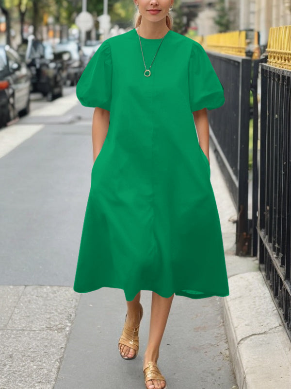 A-Line Loose Pleated Pockets Solid Color Round-Neck Midi Dresses