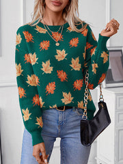 Contrast Color Jacquard Knitted Leaves Split-Joint Long Sleeves Loose Round-Neck Sweater Tops Pullovers