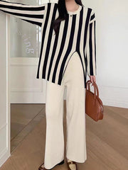 Round-Neck Long Sleeves Loose Pleated Split-Front Striped T-shirt Top + Pants Bottom Two Pieces Set