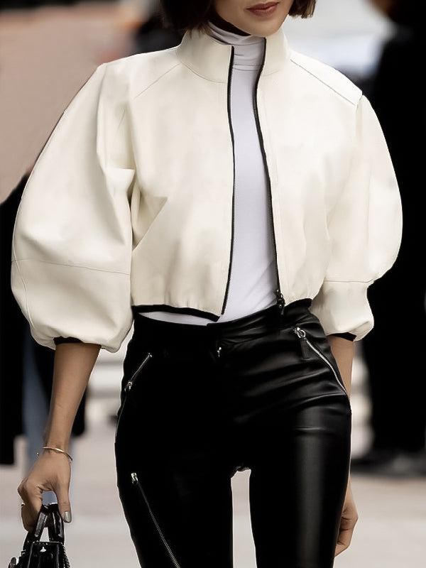 Puff Sleeves Loose Solid Color Zipper Stand Collar Jackets Outerwear