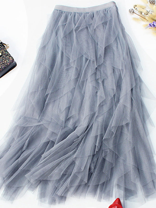 Original Stylish Irregular Mesh Solid Color Skirt
