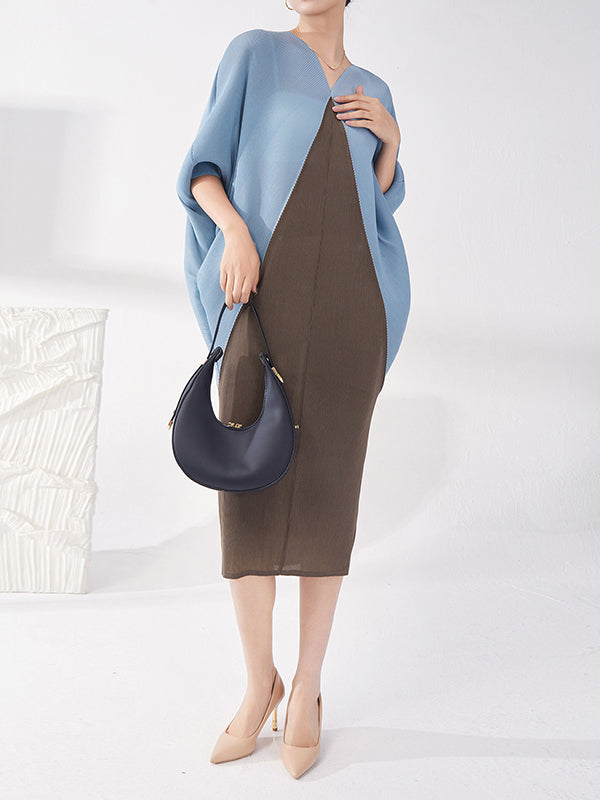 Contrast Color Pleated Batwing Sleeves Loose Round-neck Midi Dresses