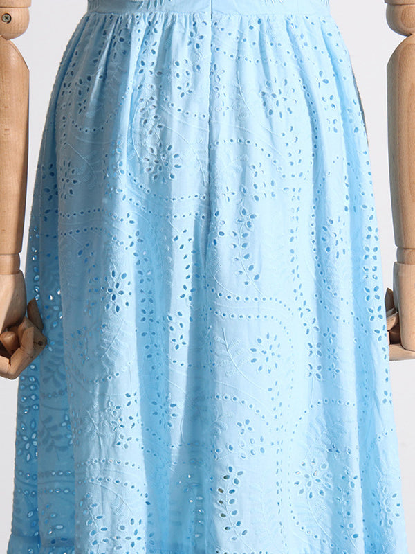 Buttoned Crochet Embroidered Hollow Solid Color Zipper High Waisted Sleeveless Deep V-Neck Maxi Dresses
