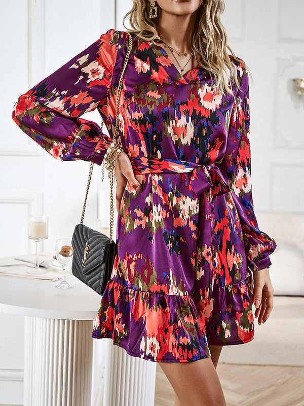 Printed Split-Joint Tied Waist Long Sleeves Loose V-Neck Mini Dresses