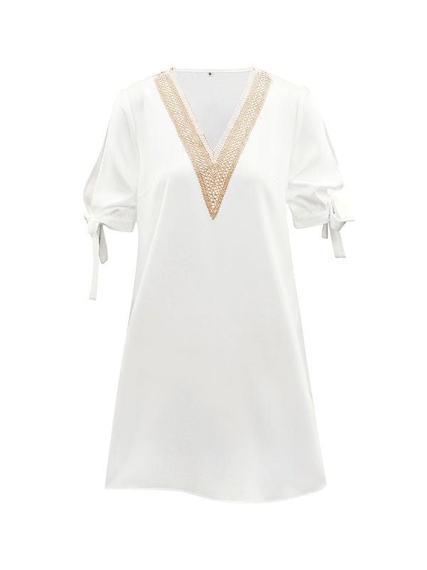 Hollow Split-Joint Half Sleeves Loose V-Neck Mini Dresses
