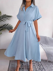 Solid Color Split-Joint Tied Waist Loose Short Sleeves Lapel Shirt Dress Midi Dresses