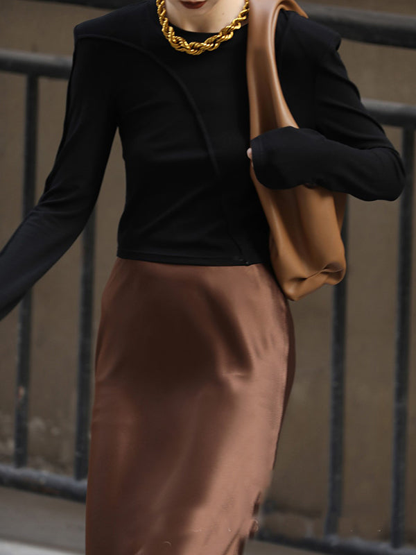 Shoulder Pad Solid Color Long Sleeves Skinny Round-Neck T-Shirts Tops