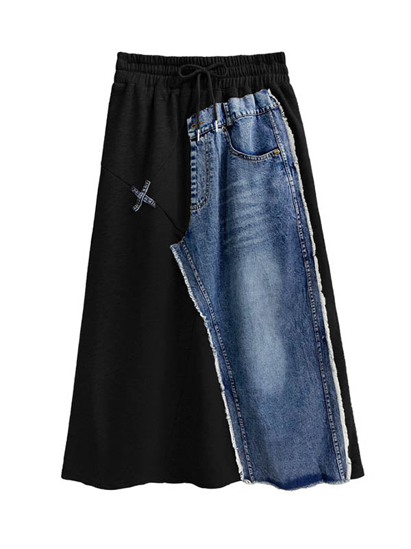 Asymmetric Drawstring Elasticity Pockets Split-Joint A-Line Loose Skirts Bottoms