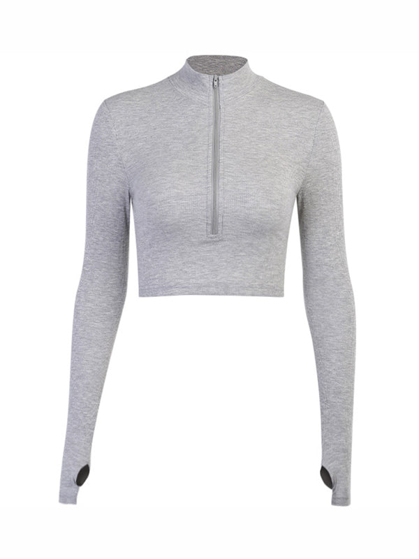 Hollow Solid Color Zipper Long Sleeves Skinny Deep V-Neck T-Shirts Tops