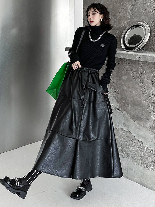 Solid Color Split-Joint Zipper A-Line Hipster Skirts Bottoms