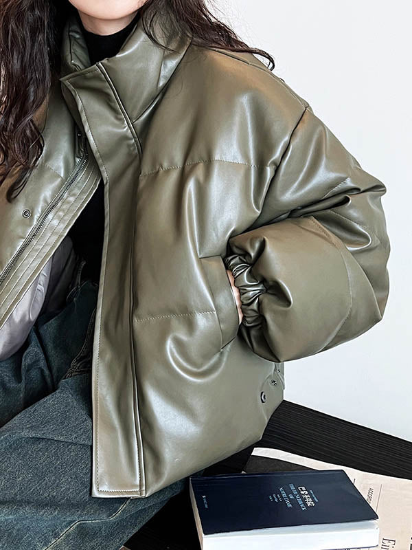 Split-Joint Zipper Loose Puff Sleeves Stand Collar Down Coat