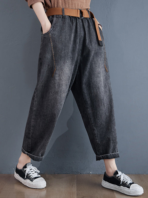 Artistic Retro Loose Velvet Elasticity Belted Jean Pants