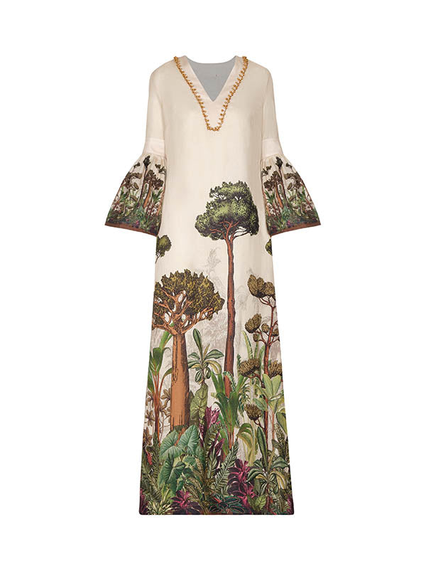 Leaves Print Flared Sleeves Loose V-neck Maxi Dresses