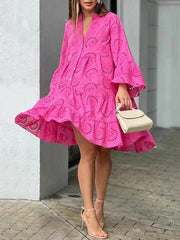 Buttoned Hollow Solid Color Split-Joint A-Line Flared Sleeves V-Neck Mini Dresses