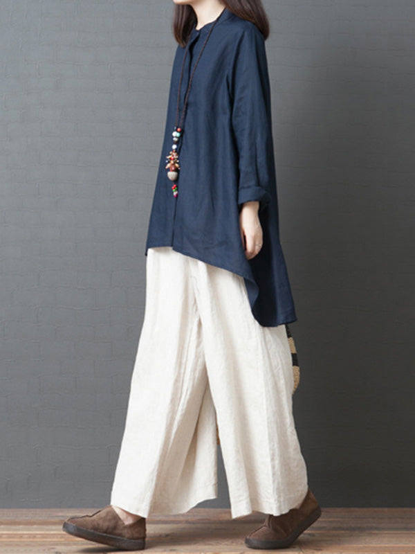 Linen Solid Color Round-Neck Puff Sleeve Blouse Tops