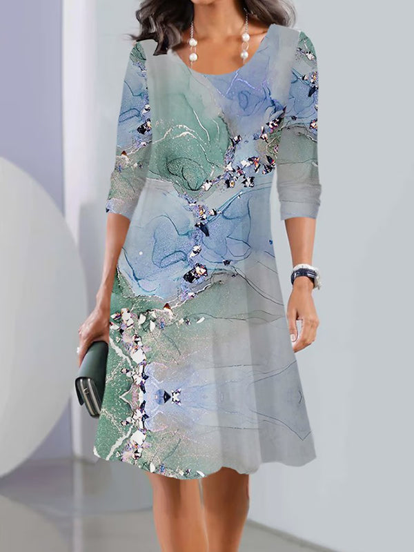 Flower Print Multi-Colored Printed Long Sleeves Round-neck Midi Dresses