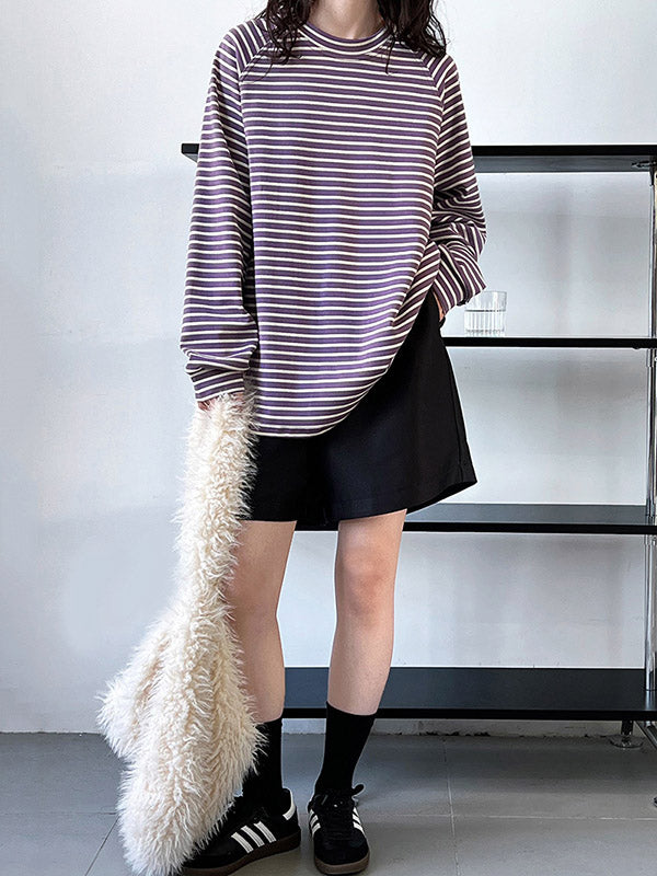 Contrast Color Striped Long Sleeves Loose Round-neck Sweatshirt Tops