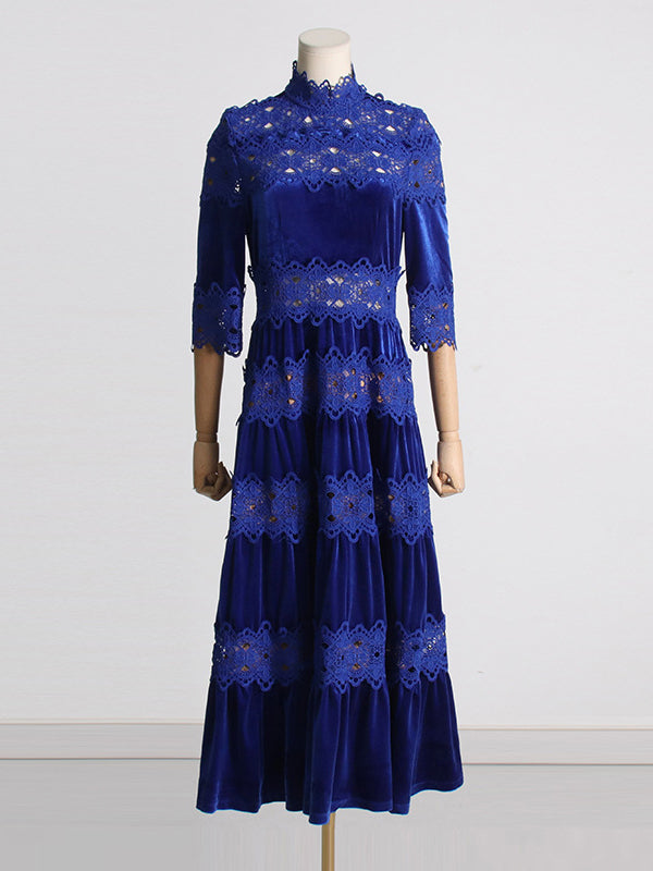 Embroidered Hollow Solid Color Split-Joint Half Sleeves High Waisted High Neck Maxi Dresses