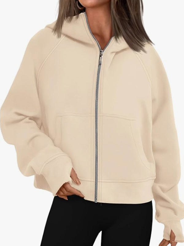 Pockets Solid Color Zipper Hooded Long Sleeves Outerwear Jackets