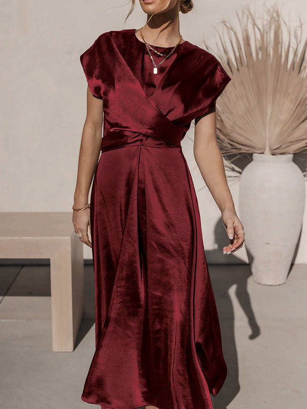 Solid Color Split-Joint Tied Waist Loose Short Sleeves Round-neck Midi Dresses