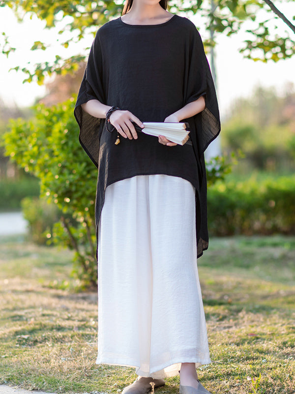 See-Through Solid Color Half Sleeves High-Low Round-Neck Blouses