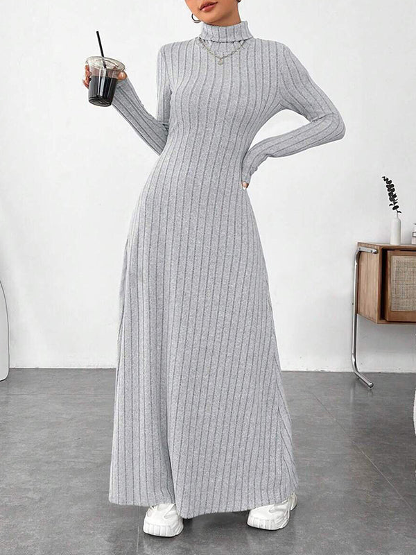 Pleated Solid Color Split-Joint Long Sleeves High Neck Maxi Dresses