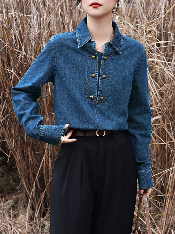 Buttoned Split-Joint Long Sleeves Loose Lapel Blouses&Shirts Tops