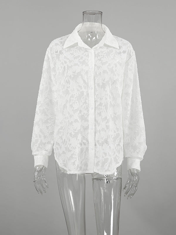 Jacquard See-Through Split-Joint Long Sleeves Loose Lapel Blouses&Shirts Tops