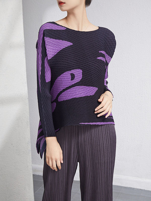 Casual Irregularity Loose Printed Pleated Round-Neck T-Shirts Tops